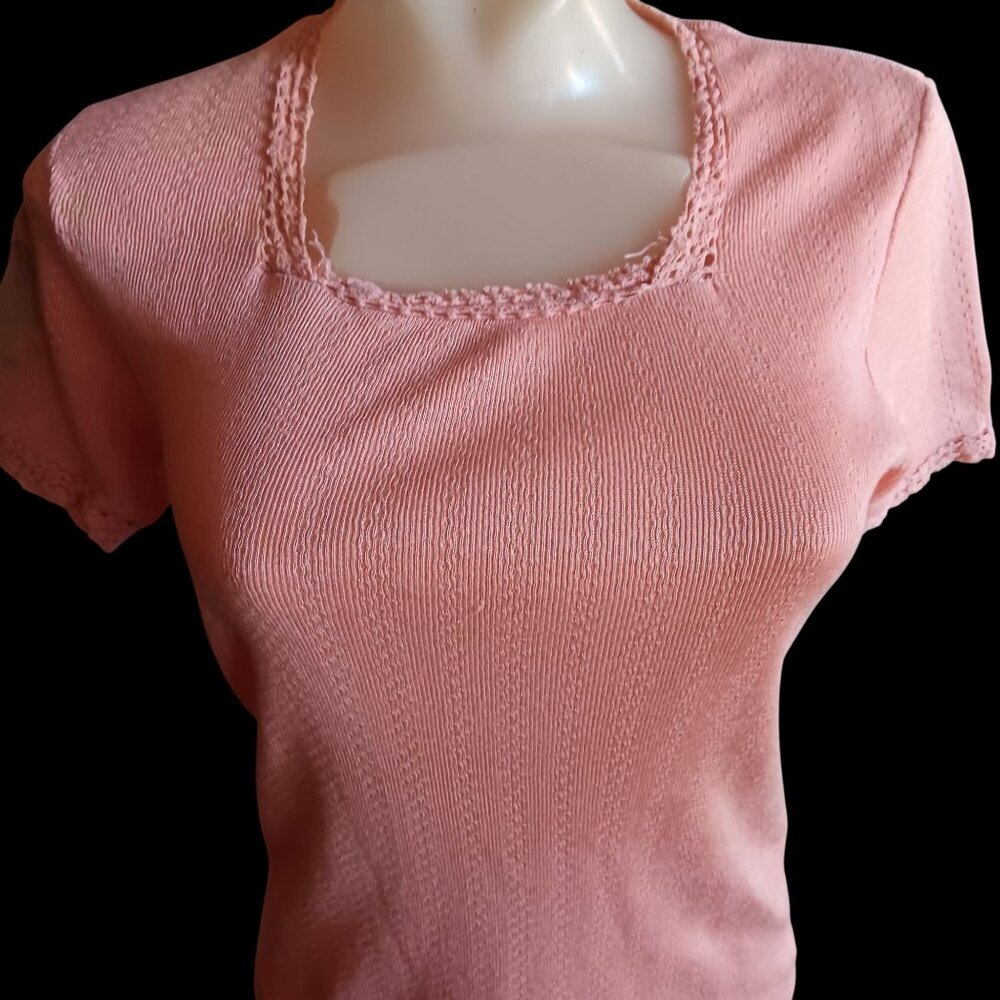 Vintage Women's Small Knitted Top K-mart 80's Trash Pink Short-Sleeve Lace Trim